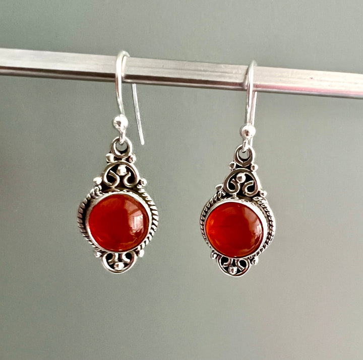 Carnelian Vintage Scroll Silver Drop Earrings