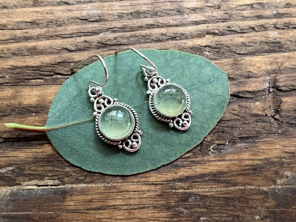 Delicate Ornate Silver Prehnite Drop Earrings by Springwaves
