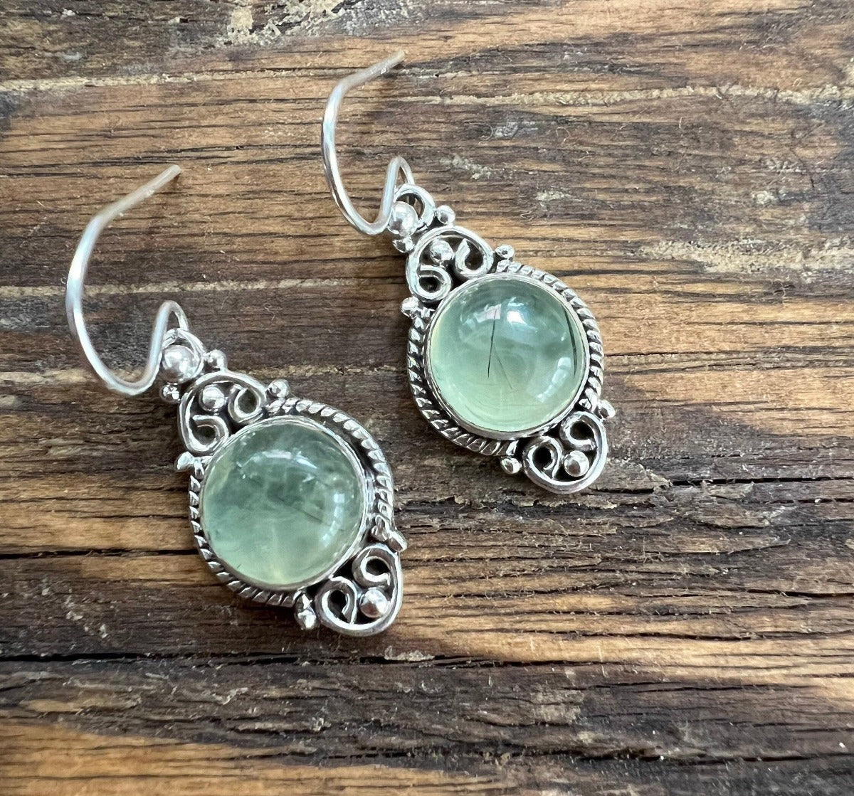 Delicate Ornate Silver Prehnite Drop Earrings by Springwaves