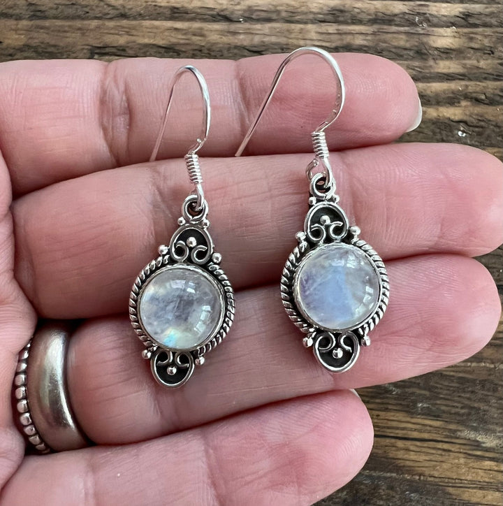 Moonstone Vintage Scroll Silver Drop Earrings