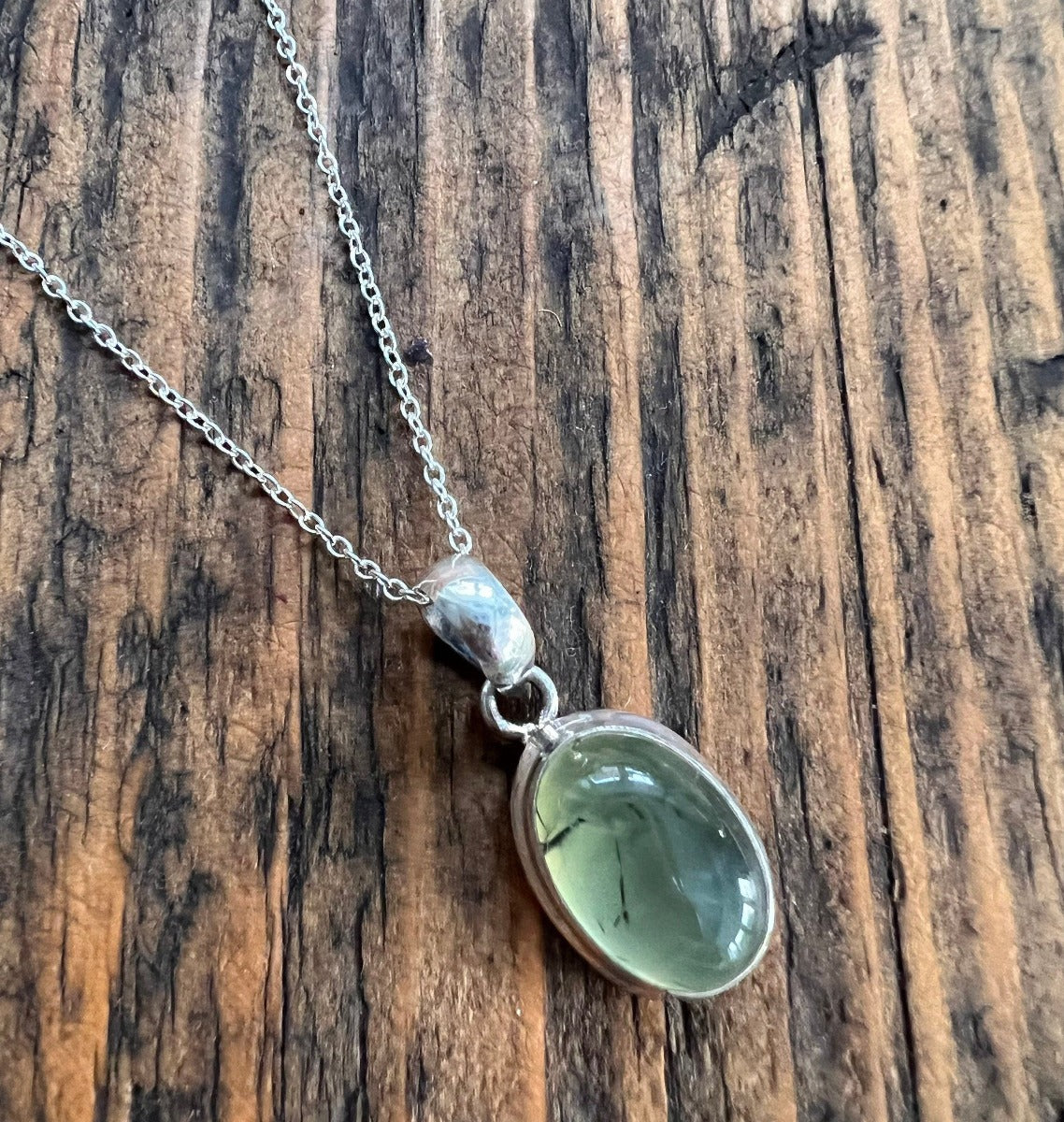 Sterling Silver Classic Oval Prehnite Necklace by Springwaves