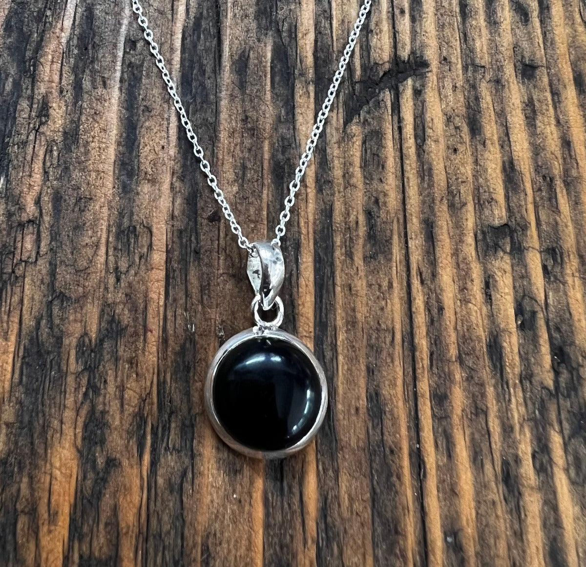 Minimalist Round Black Onyx Sterling Silver Necklace by Springwaves