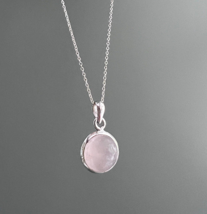 Dainty  Circle Rose Quartz  Necklace in Sterling Silver