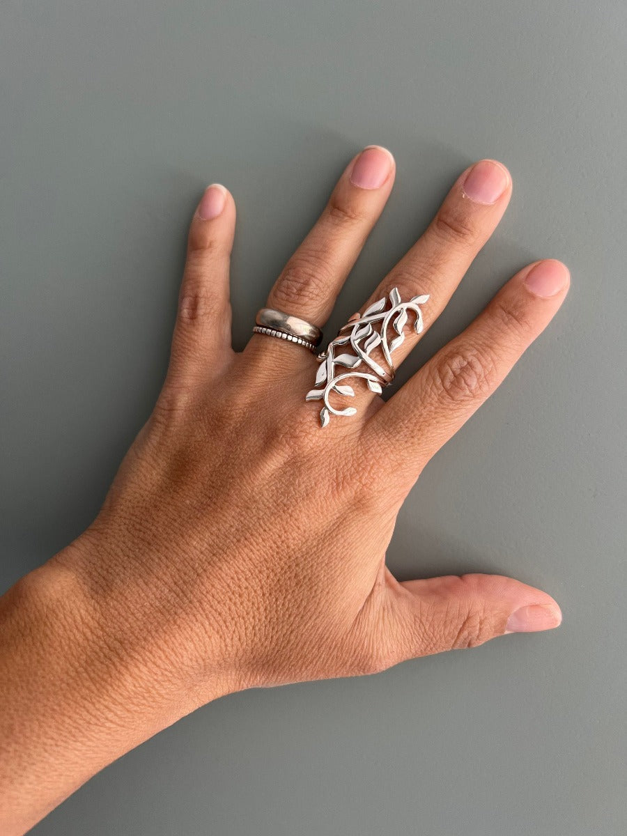 Adjustable Silver Botanical Leaf Ring by Springwaves