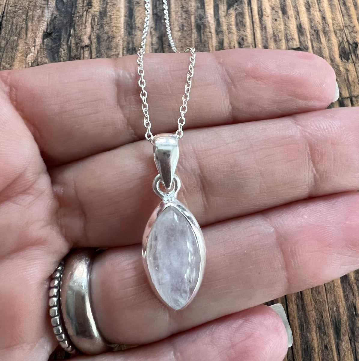 Delicate Marquis Rainbow Moonstone Sterling Silver Necklace by Springwaves