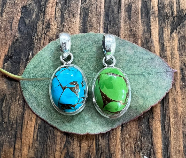 Classic Turquoise Oval Sterling Silver Necklace - Blue or Green