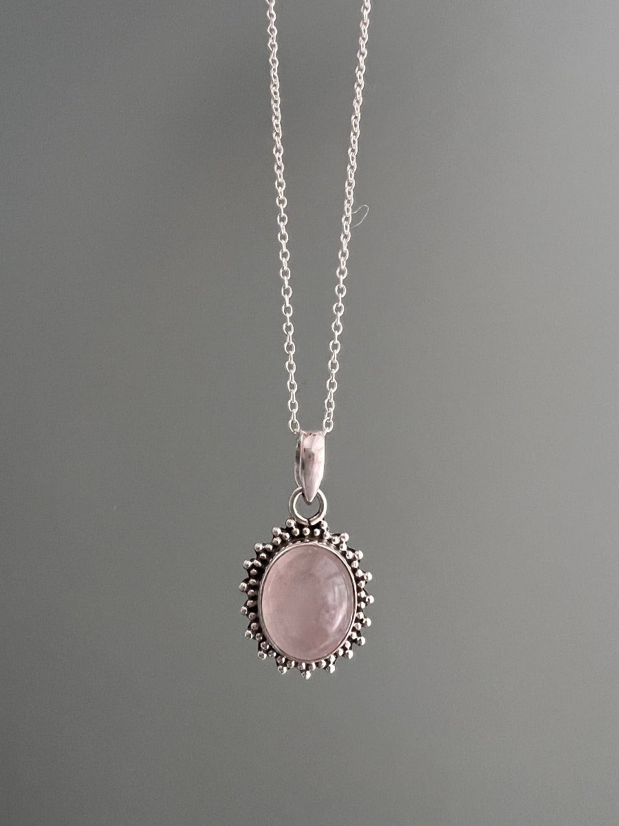 Sterling Silver Oval Starburst Rose Quartz Necklace by Springwaves
