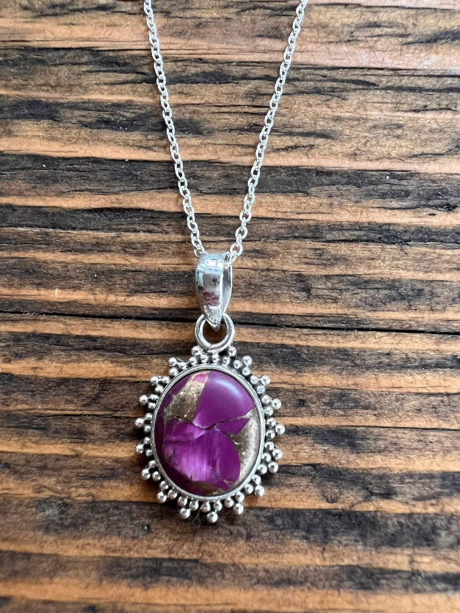 Sterling Silver Oval Starburst Pink Copper Turquoise Necklace by Springwaves