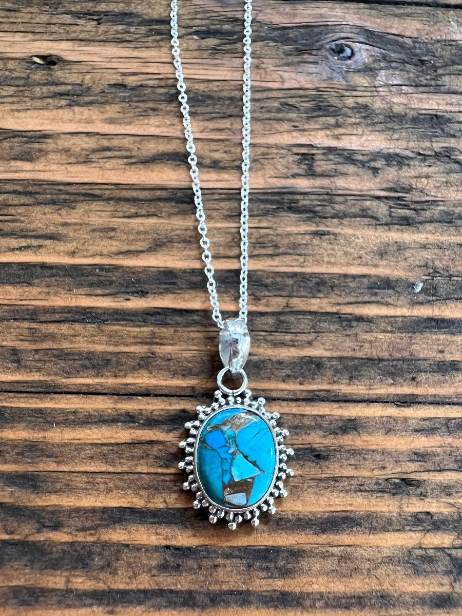 Sterling Silver Oval Starburst Turquoise Necklace by Springwaves