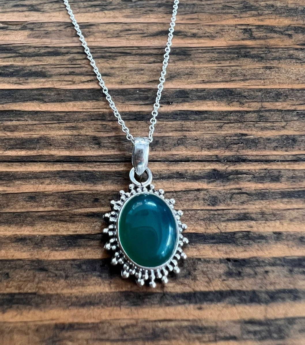 Sterling Silver Oval Starburst Green Onyx Necklace by Springwaves