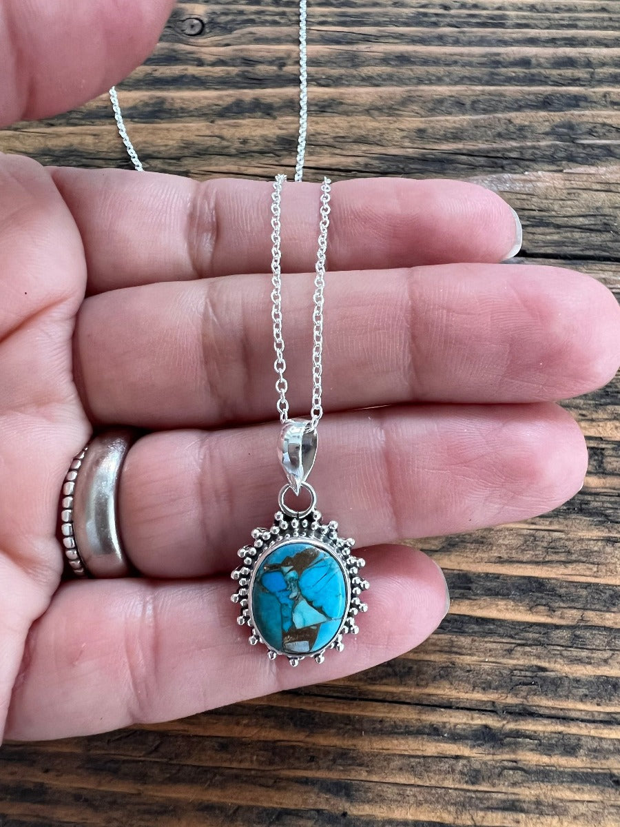 Sterling Silver Oval Starburst Turquoise Necklace by Springwaves