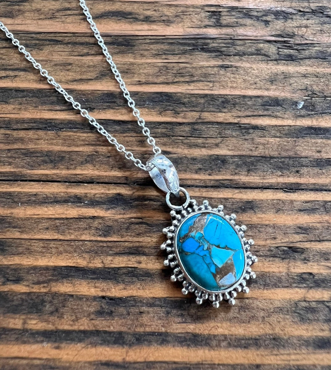 Sterling Silver Oval Starburst Turquoise Necklace by Springwaves