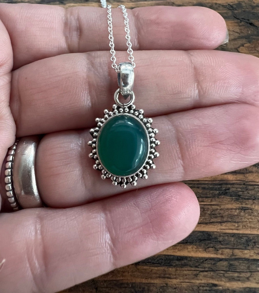 Sterling Silver Oval Starburst Green Onyx Necklace by Springwaves