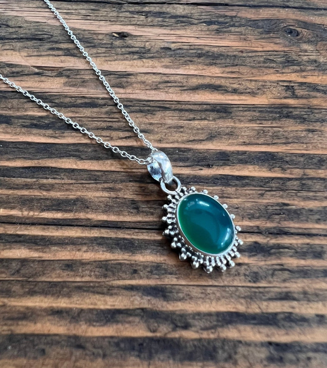 Sterling Silver Oval Starburst Green Onyx Necklace by Springwaves