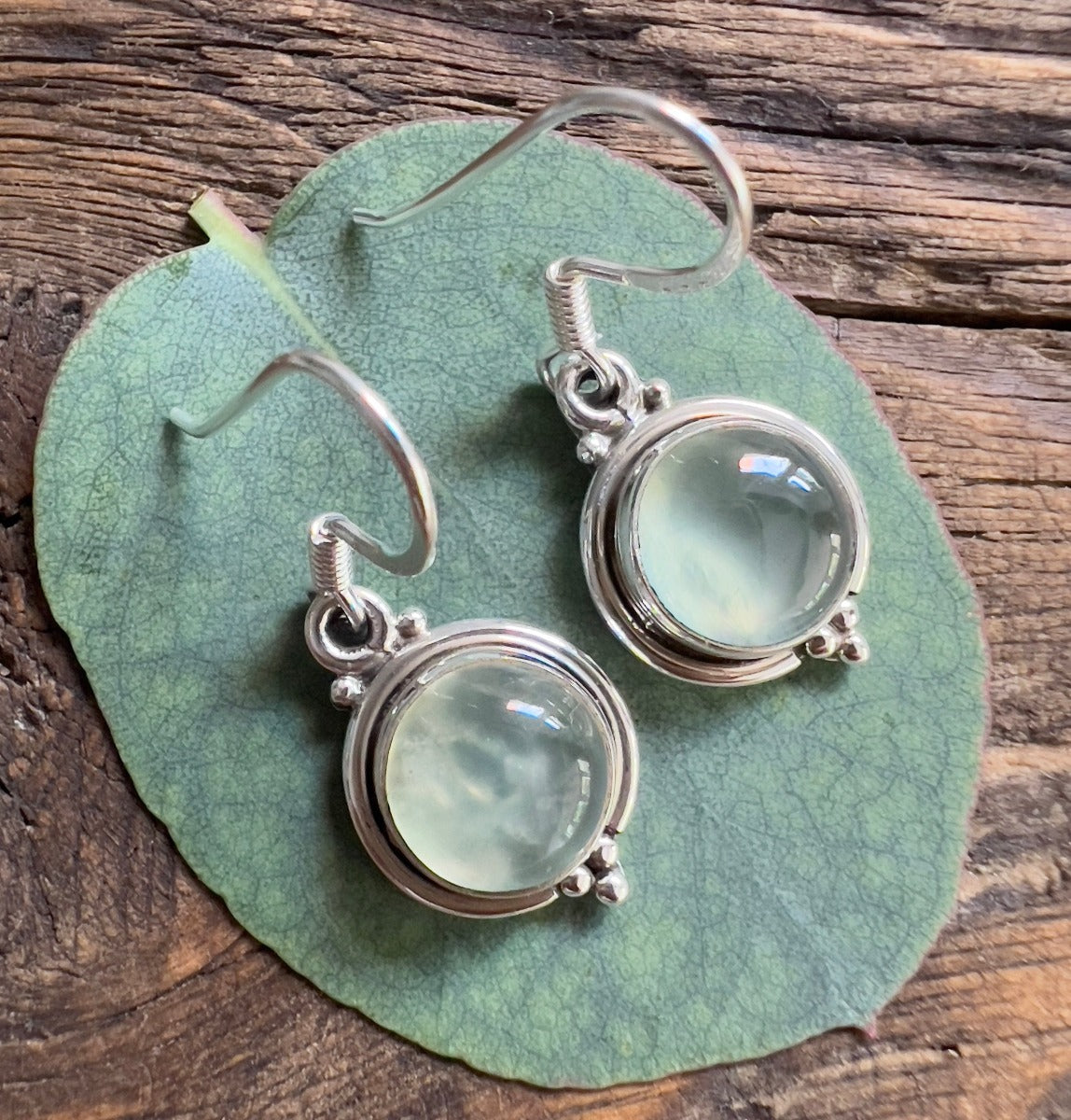 Prehnite Silver Circle Drop Earrings by Springwaves