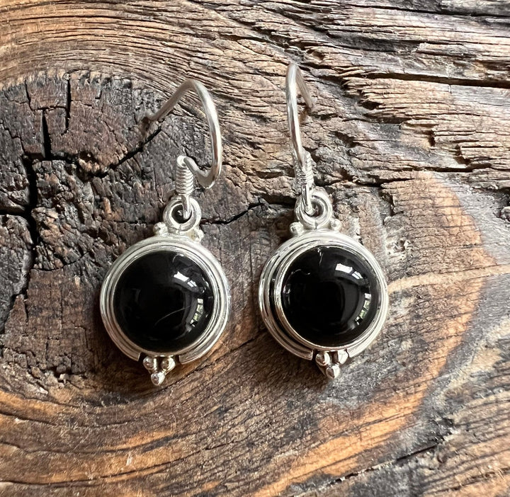 Dainty Round Black Onyx Drop Earrings