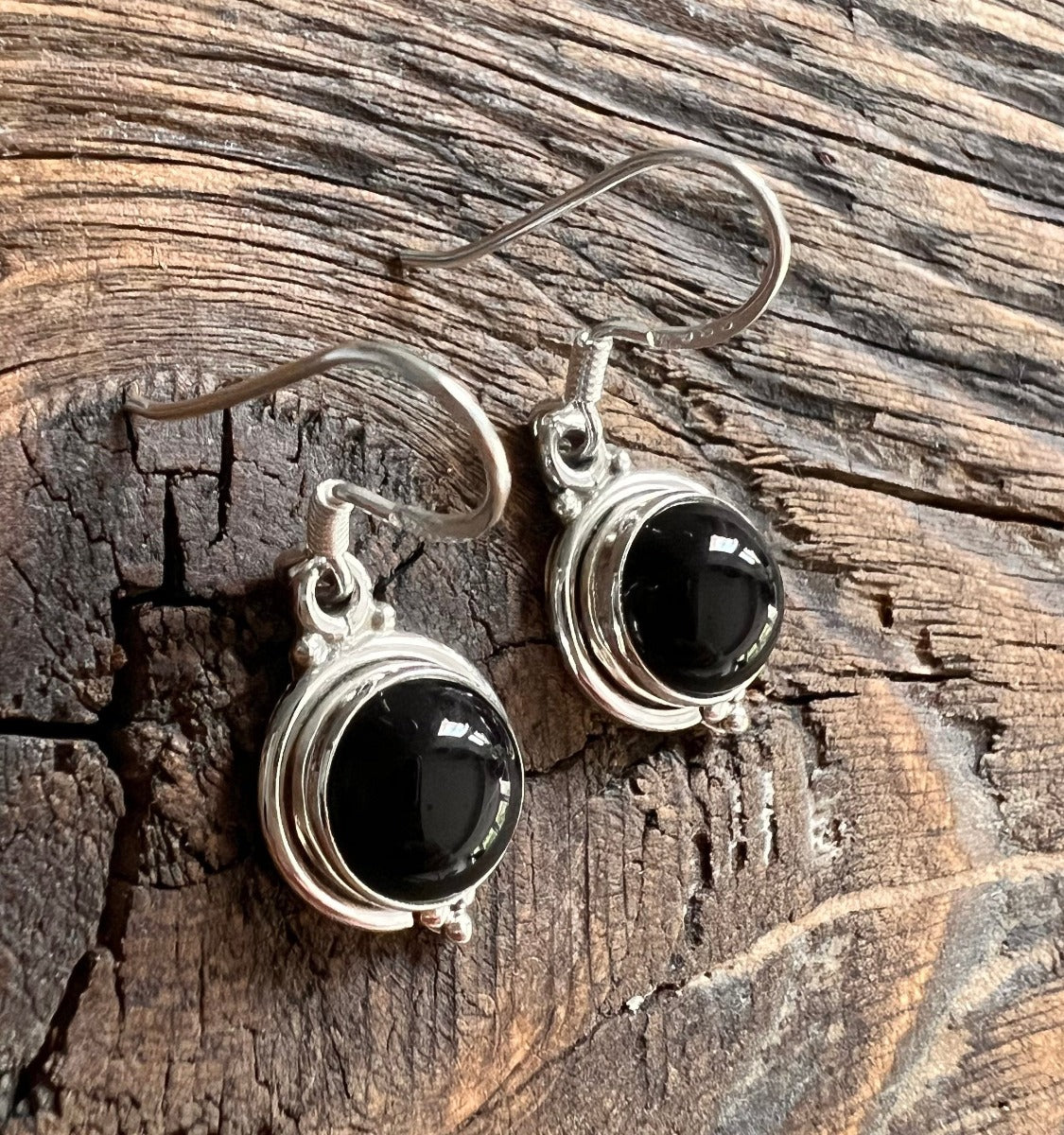 Black Onyx Silver Circle Drop Earrings by Springwaves