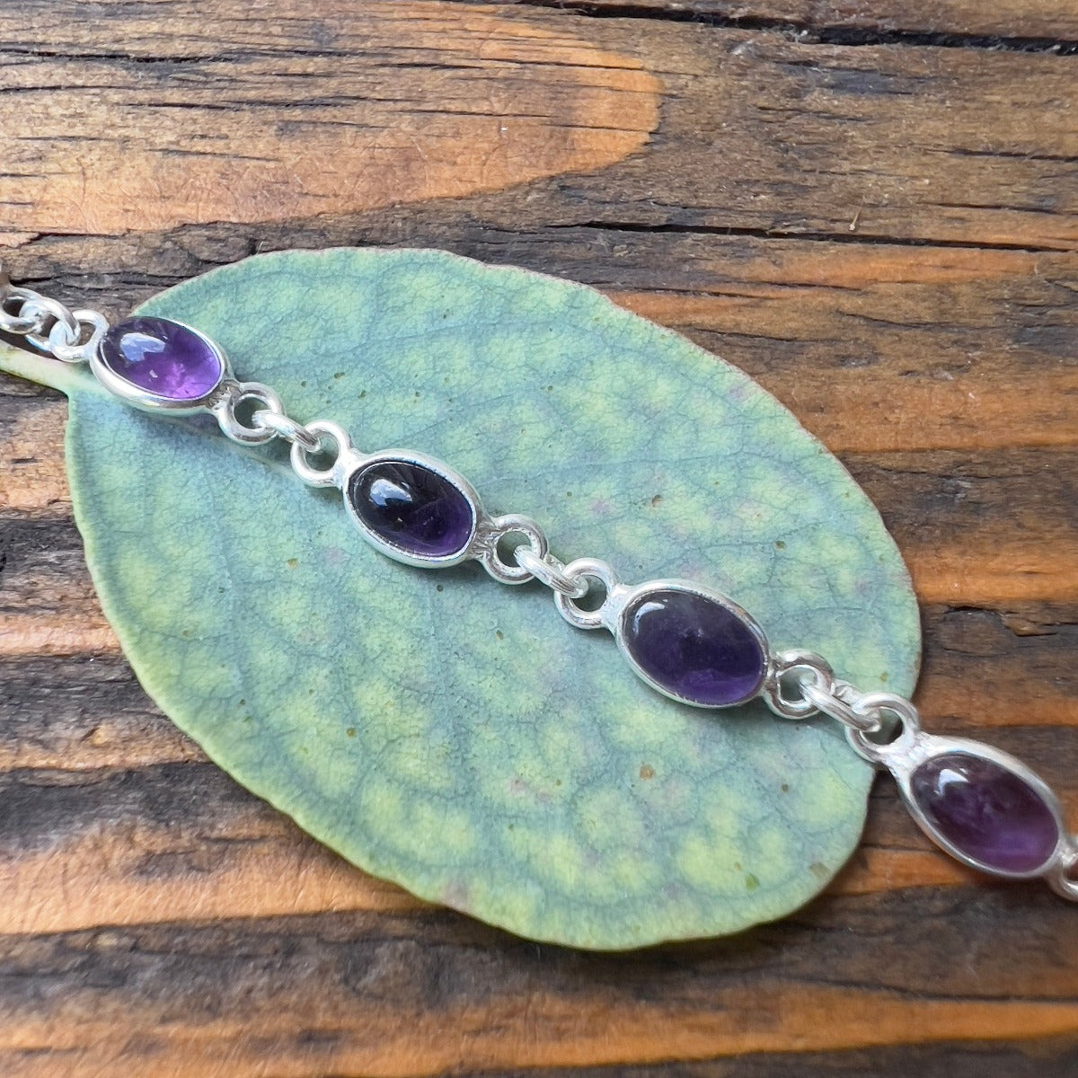 Dainty oval silver bracelet in tourmaline, moonstone, amethyst - by Springwaves