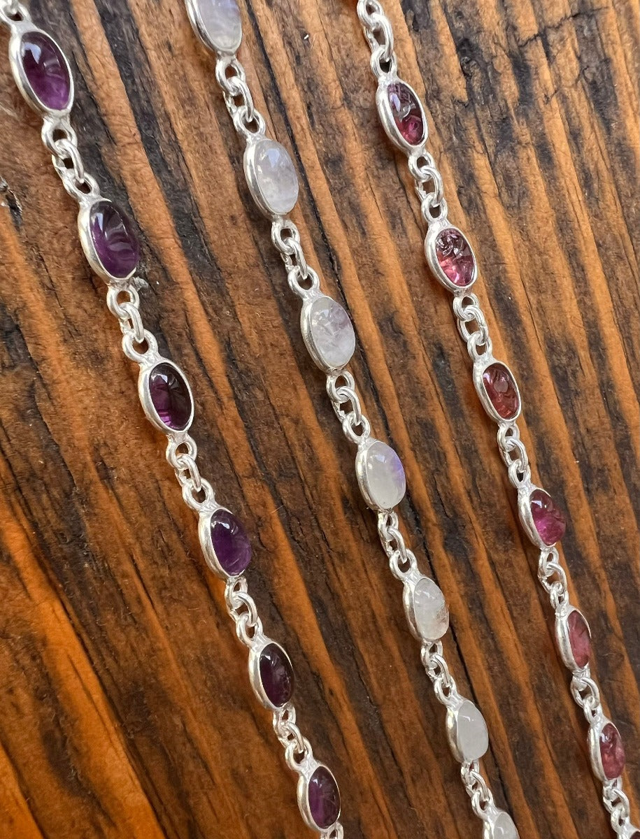 Dainty oval silver bracelet in tourmaline, moonstone, amethyst - by Springwaves