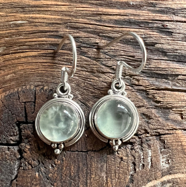 Dainty Round Prehnite Drop Earrings