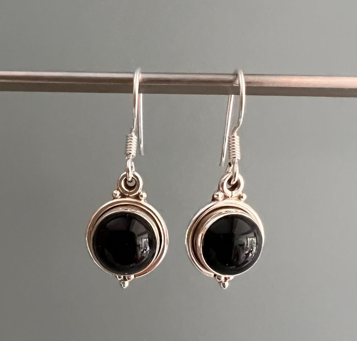Black Onyx Silver Circle Drop Earrings by Springwaves