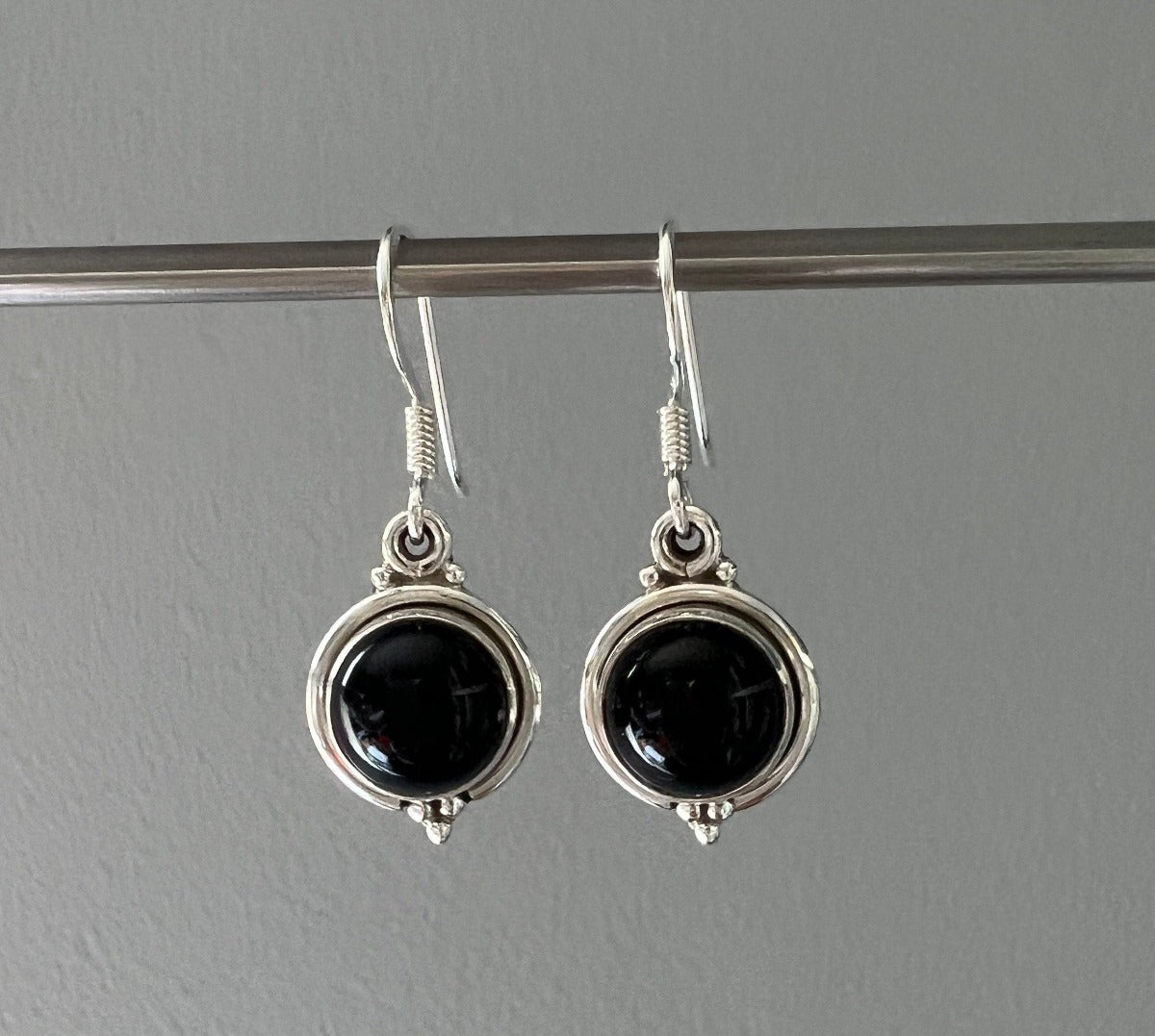 Black Onyx Silver Circle Drop Earrings by Springwaves