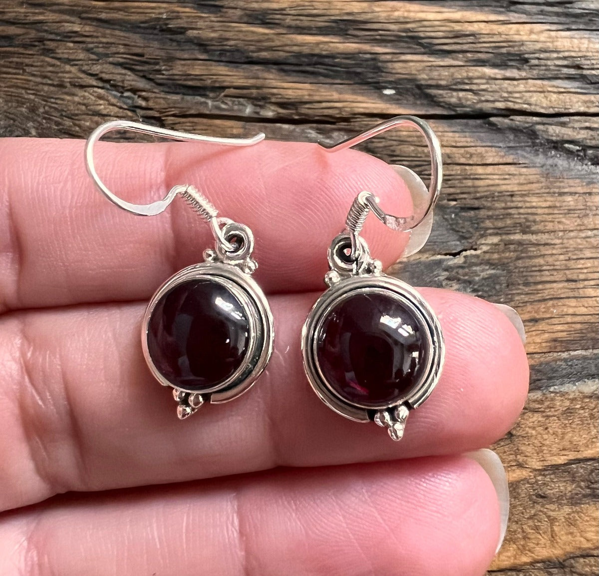 Garnet Silver Circle Drop Earrings by Springwaves