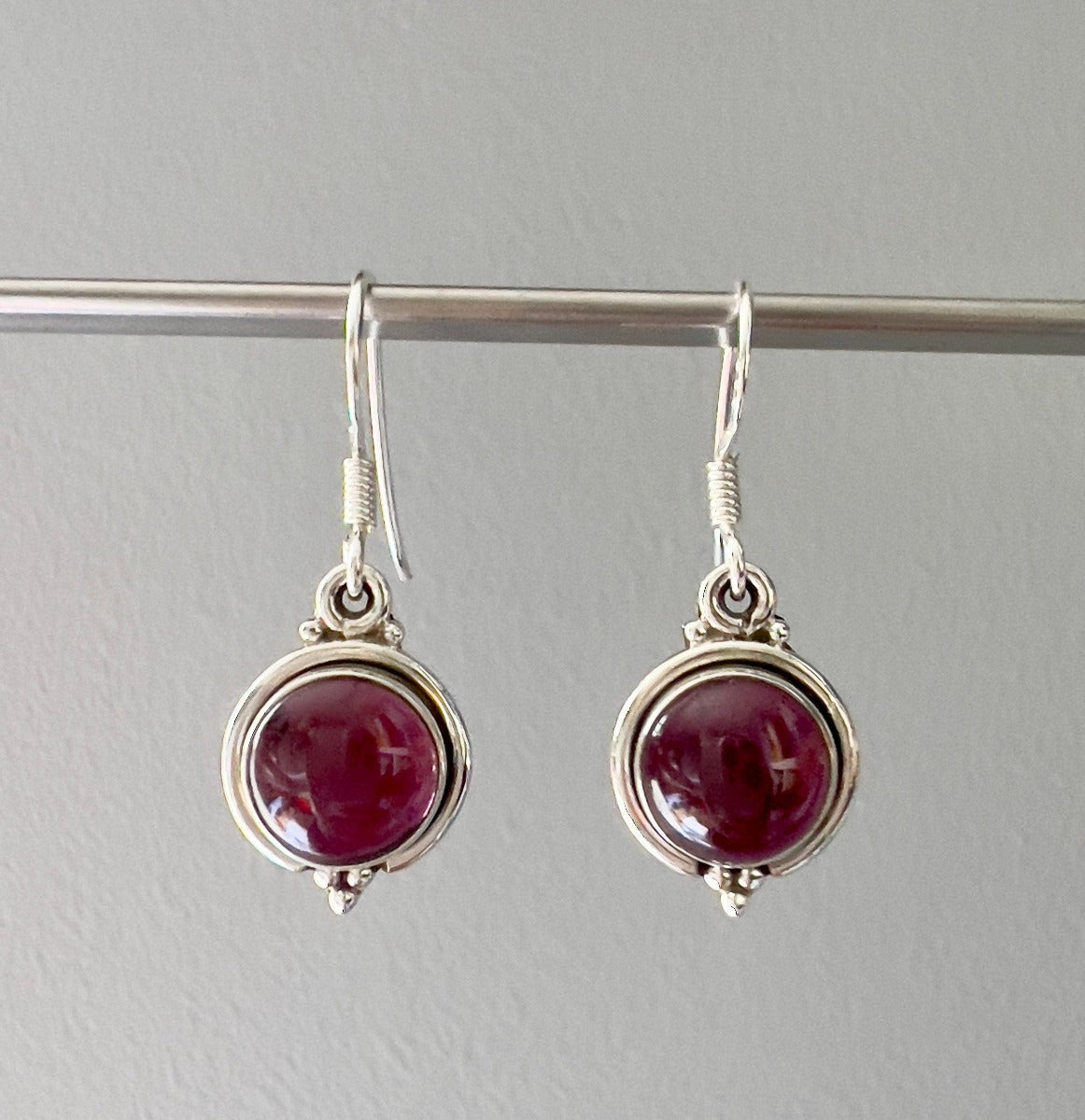 Garnet Silver Circle Drop Earrings by Springwaves