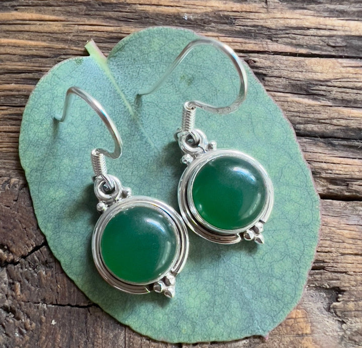 Dainty Round Green Onyx Drop Earrings