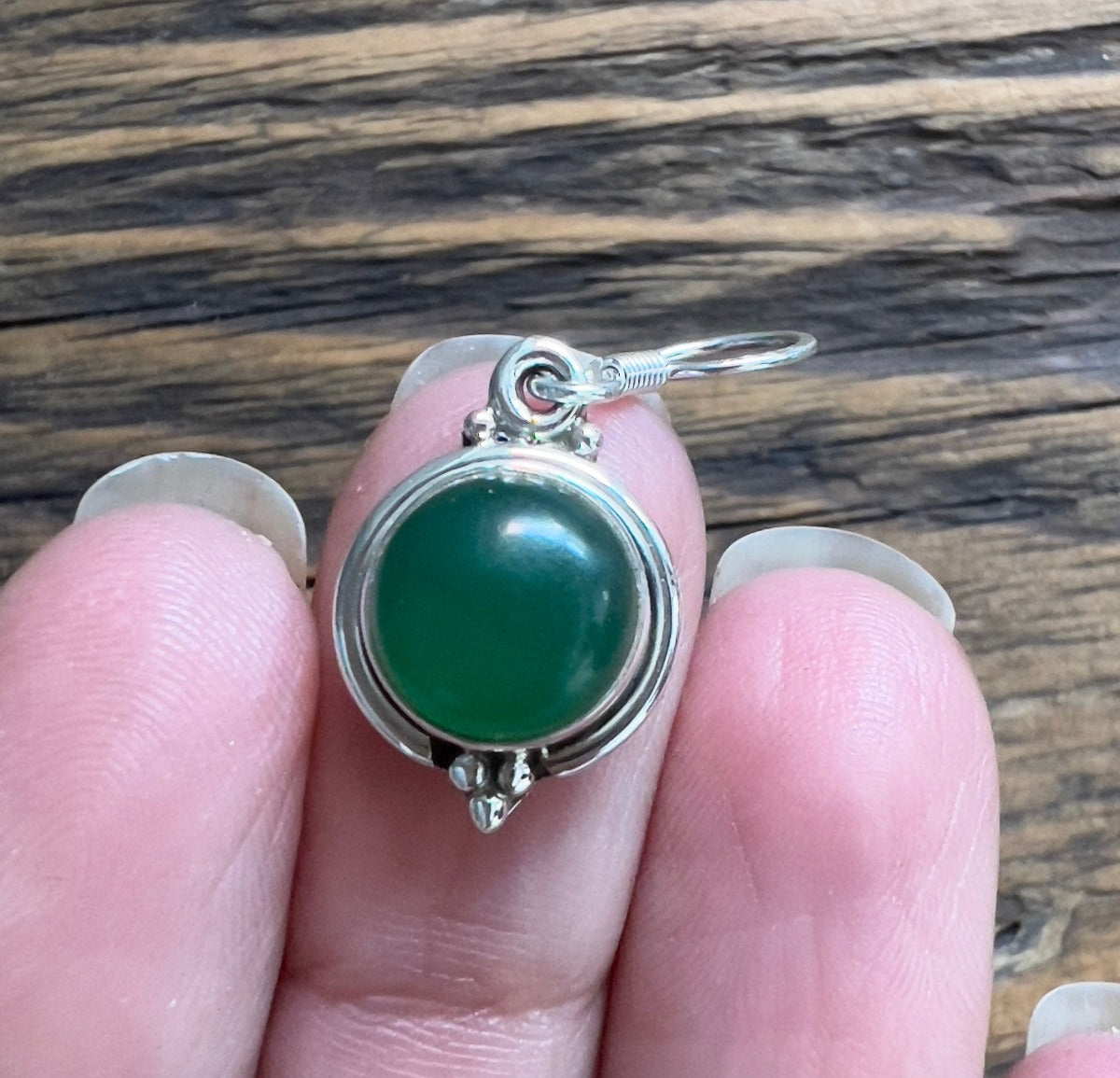 Green Onyx Silver Circle Drop Earrings by Springwaves