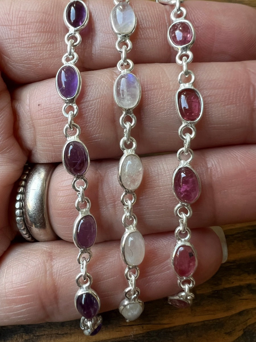 Dainty oval silver bracelet in tourmaline, moonstone, amethyst - by Springwaves