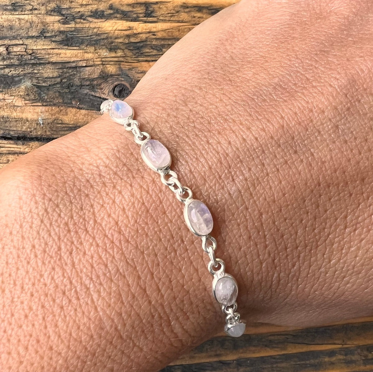 Dainty oval silver bracelet in tourmaline, moonstone, amethyst - by Springwaves