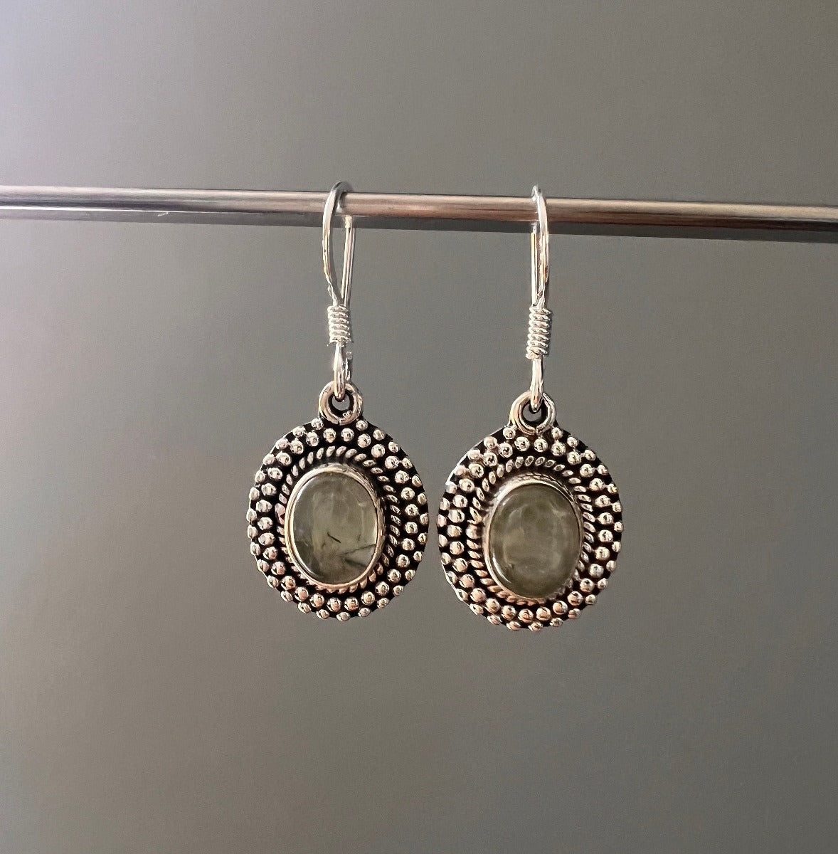 Sterling Silver Boho Oval Prehnite Earrings by Springwaves