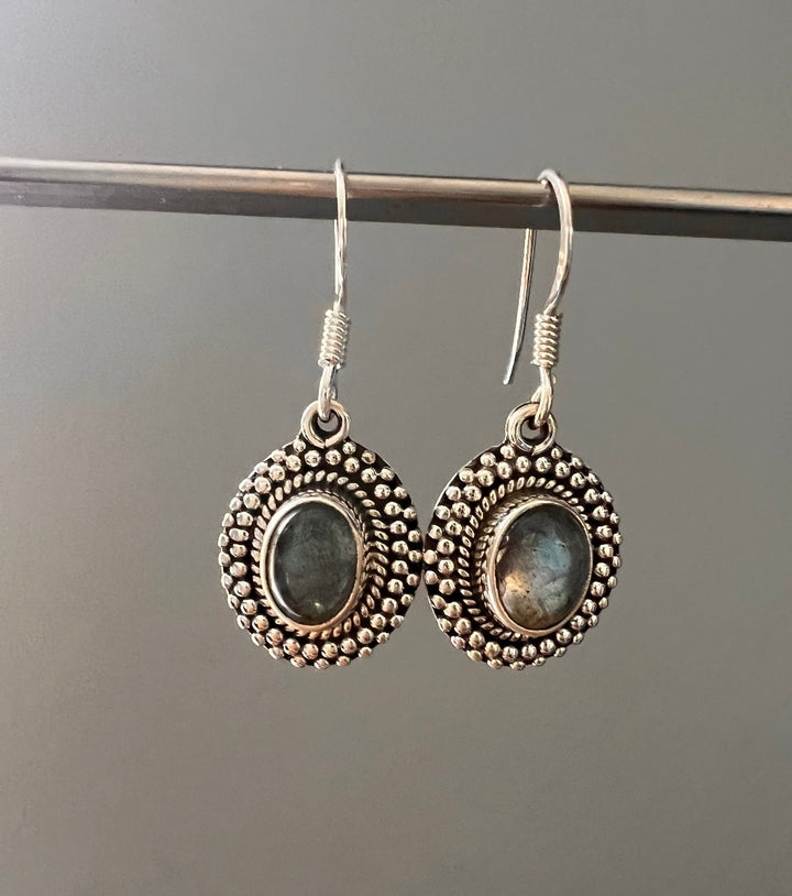 Silver Framed Boho Oval Labradorite Earrings