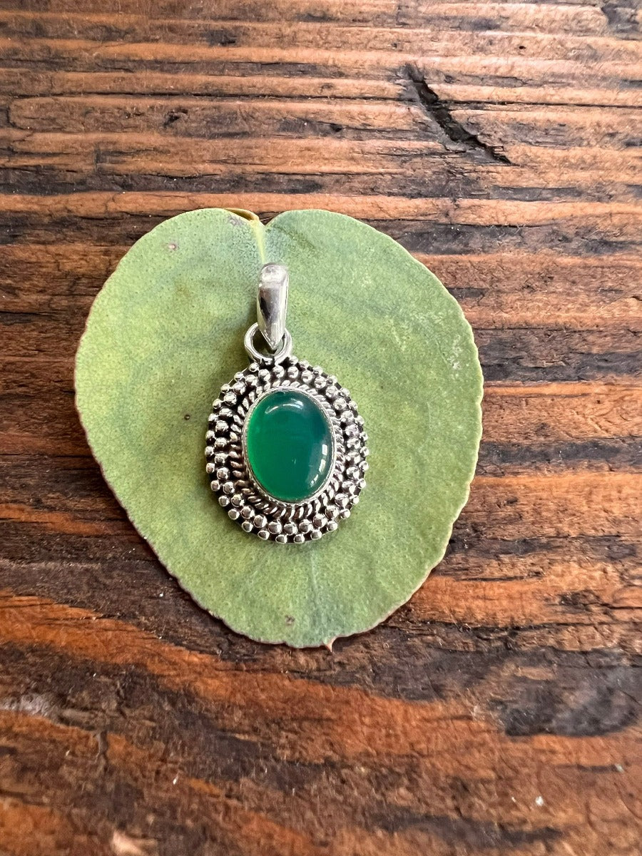 Sterling Silver Oval Green Onyx Boho Necklace by Springwaves