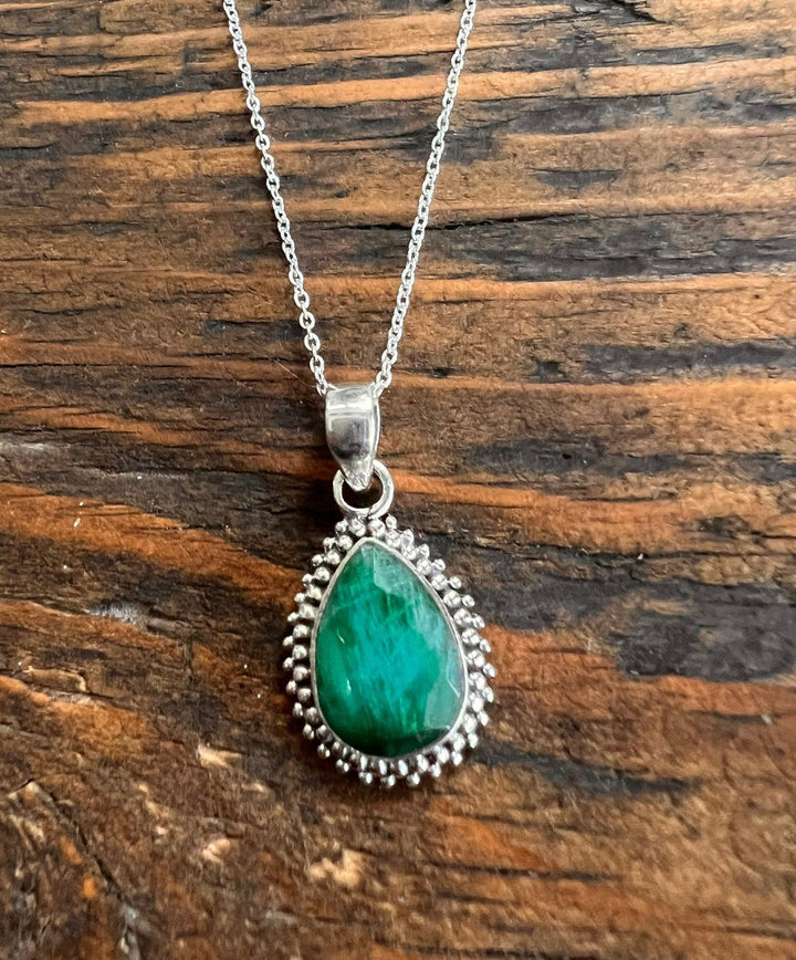 Silver Framed Teardrop Faceted Emerald Necklace