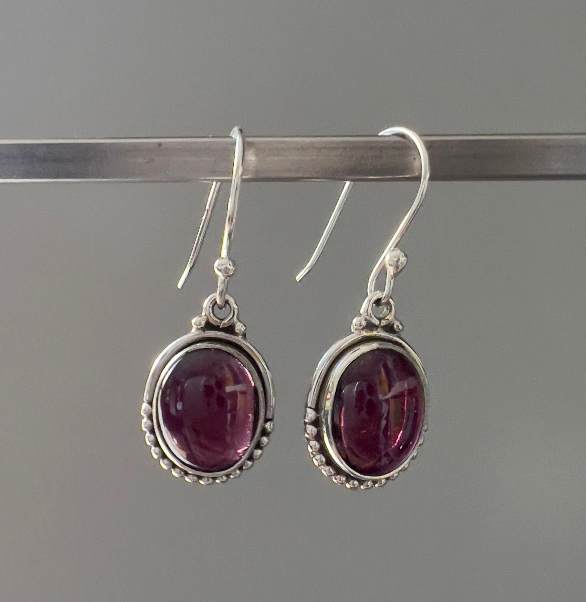 Oval Garnet Earrings - Delicate Silver Drop Earrings by Springwaves