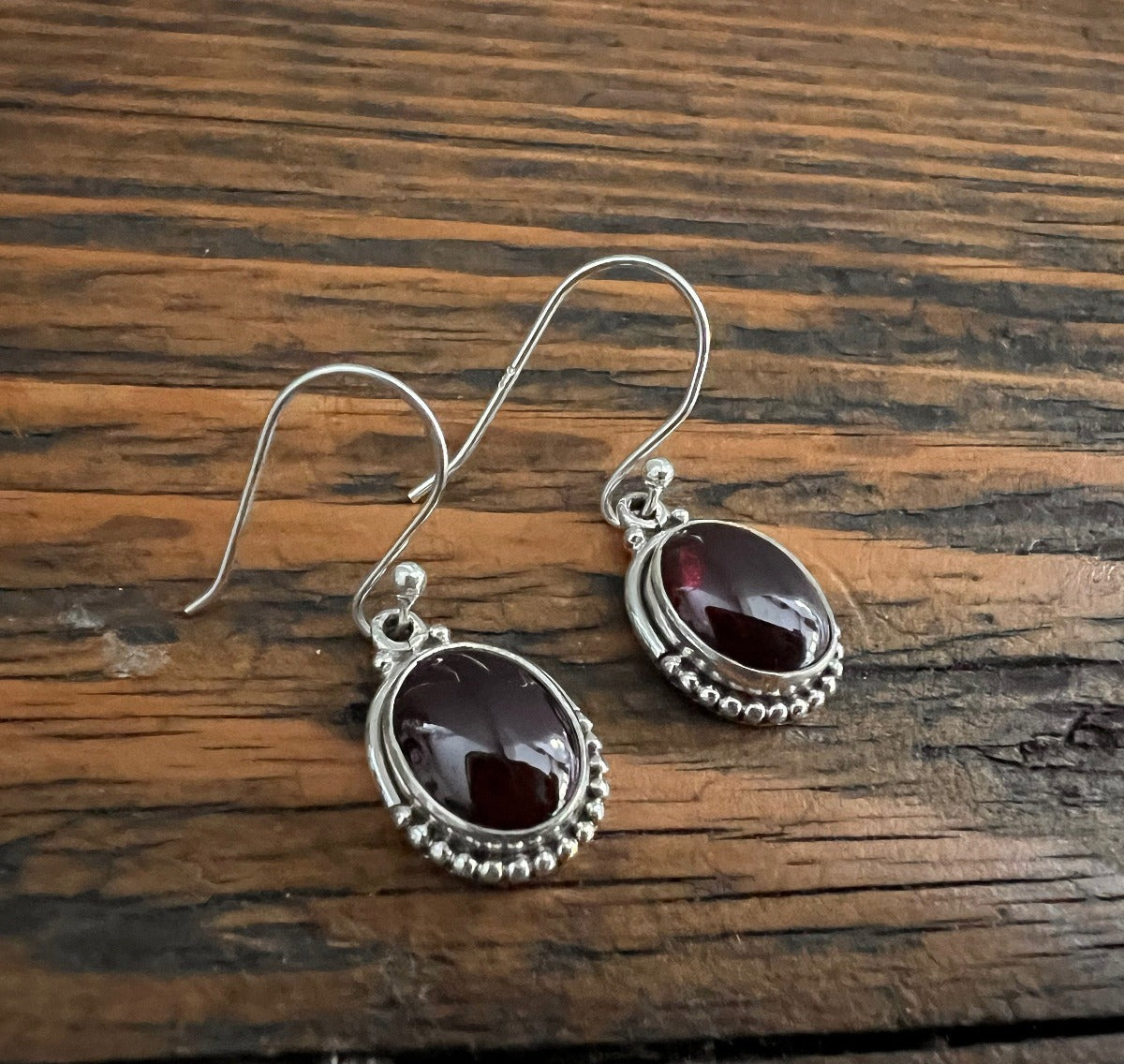 Oval Garnet Earrings - Delicate Silver Drop Earrings by Springwaves