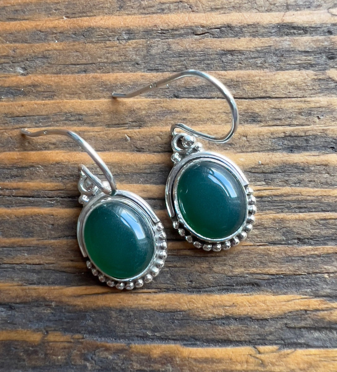 Oval Green Onyx Earrings - Delicate Silver Drop Earrings by Springwaves