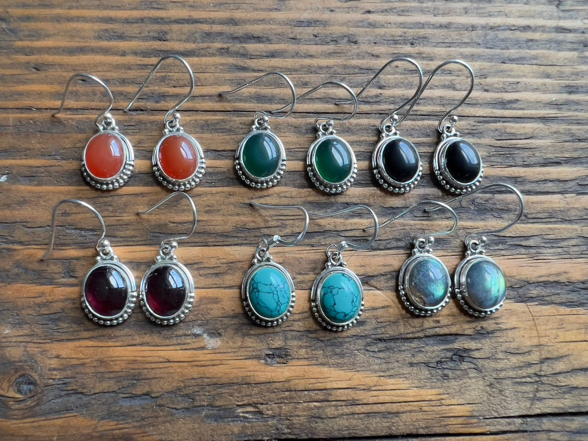 Oval Green Onyx Earrings - Delicate Silver Drop Earrings by Springwaves
