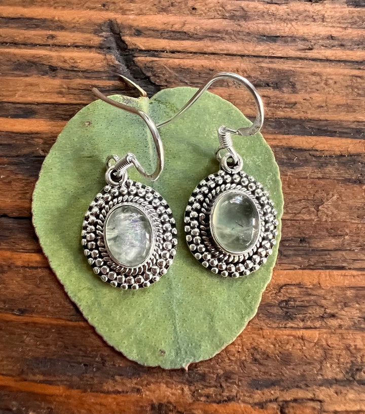 Silver Framed Oval Prehnite Earrings