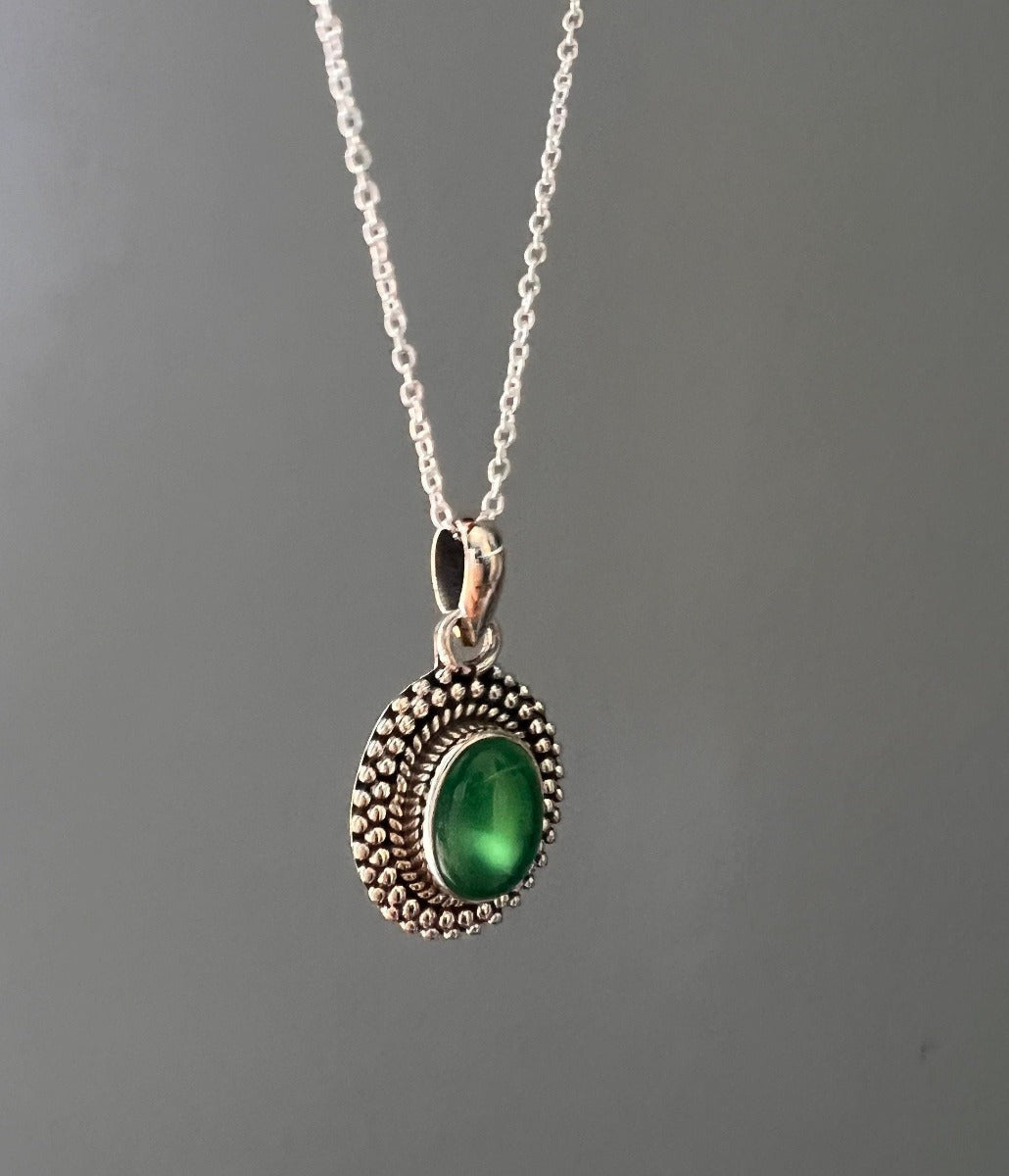 Sterling Silver Oval Green Onyx Boho Necklace by Springwaves