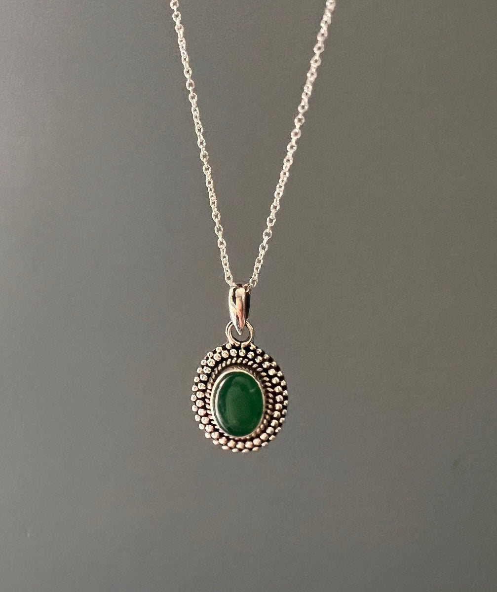 Sterling Silver Oval Green Onyx Boho Necklace by Springwaves
