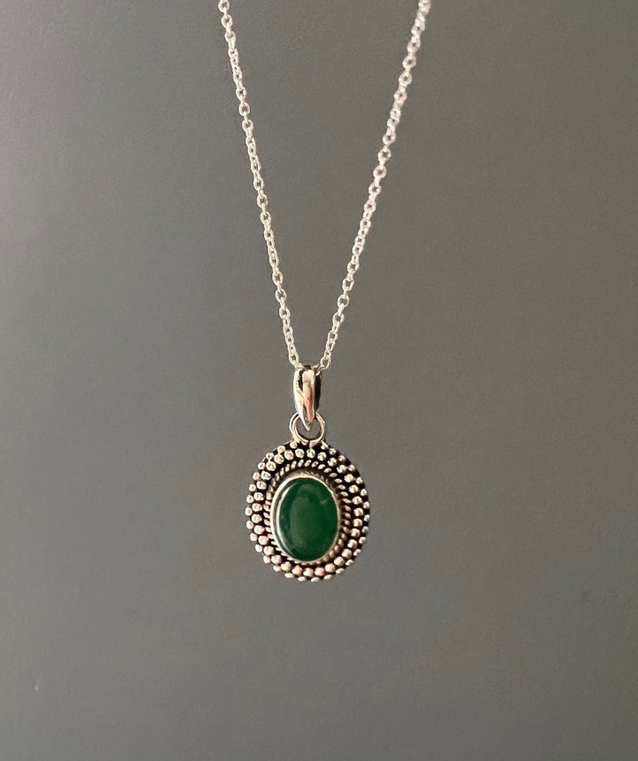 Silver Framed Oval Green Onyx Necklace