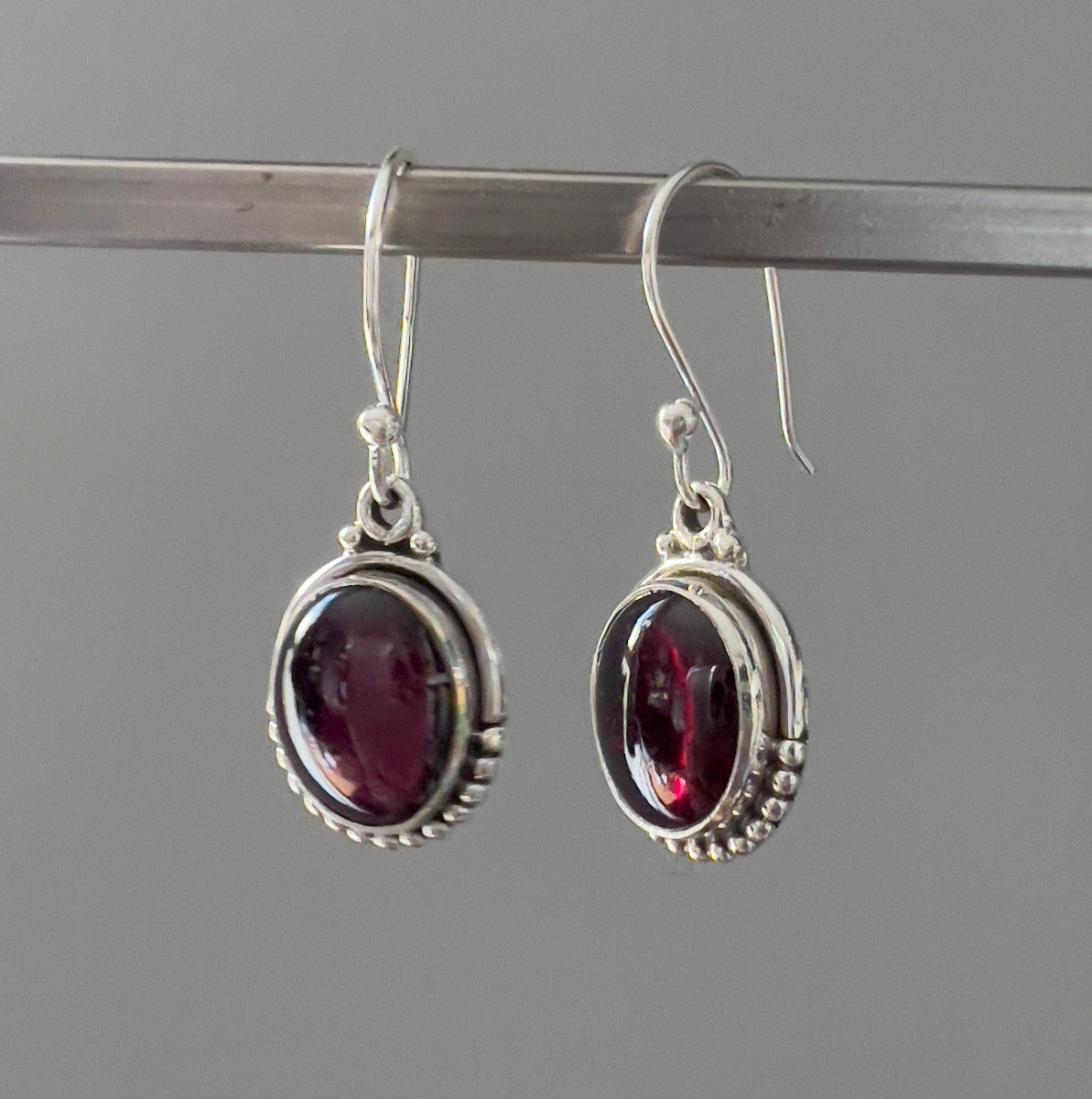 Oval Garnet Earrings - Delicate Silver Drop Earrings by Springwaves