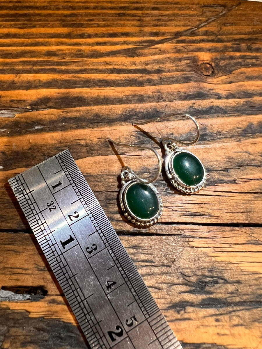 Oval Green Onyx Earrings - Delicate Silver Drop Earrings by Springwaves