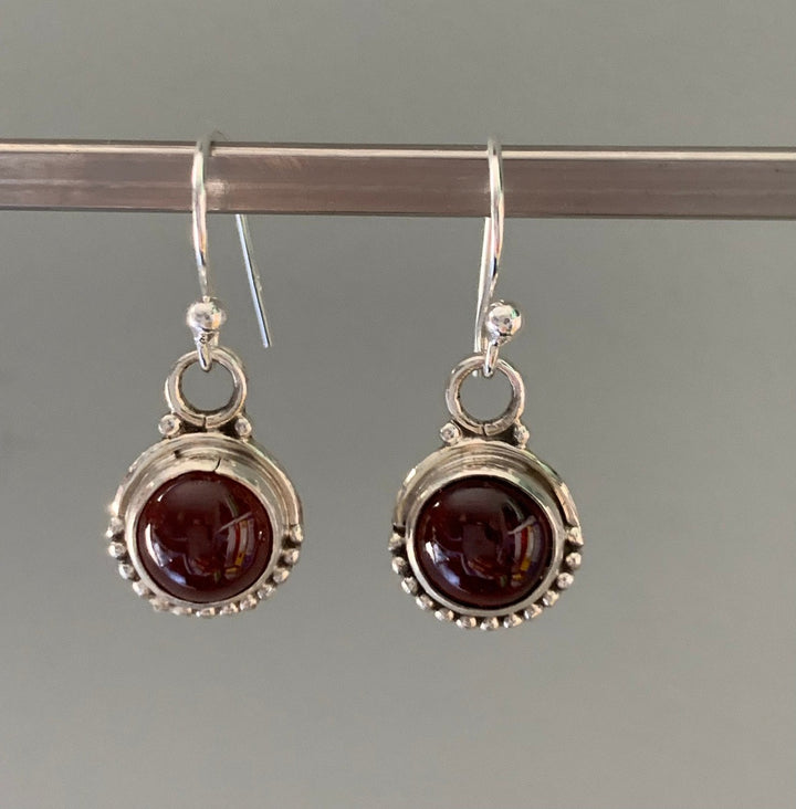 Garnet Circle Dot Silver Earrings