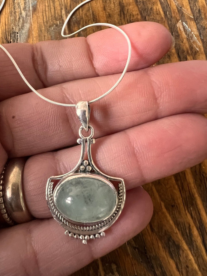 Aquamarine Vintage Inspired Boho Silver Necklace with Chain style Options