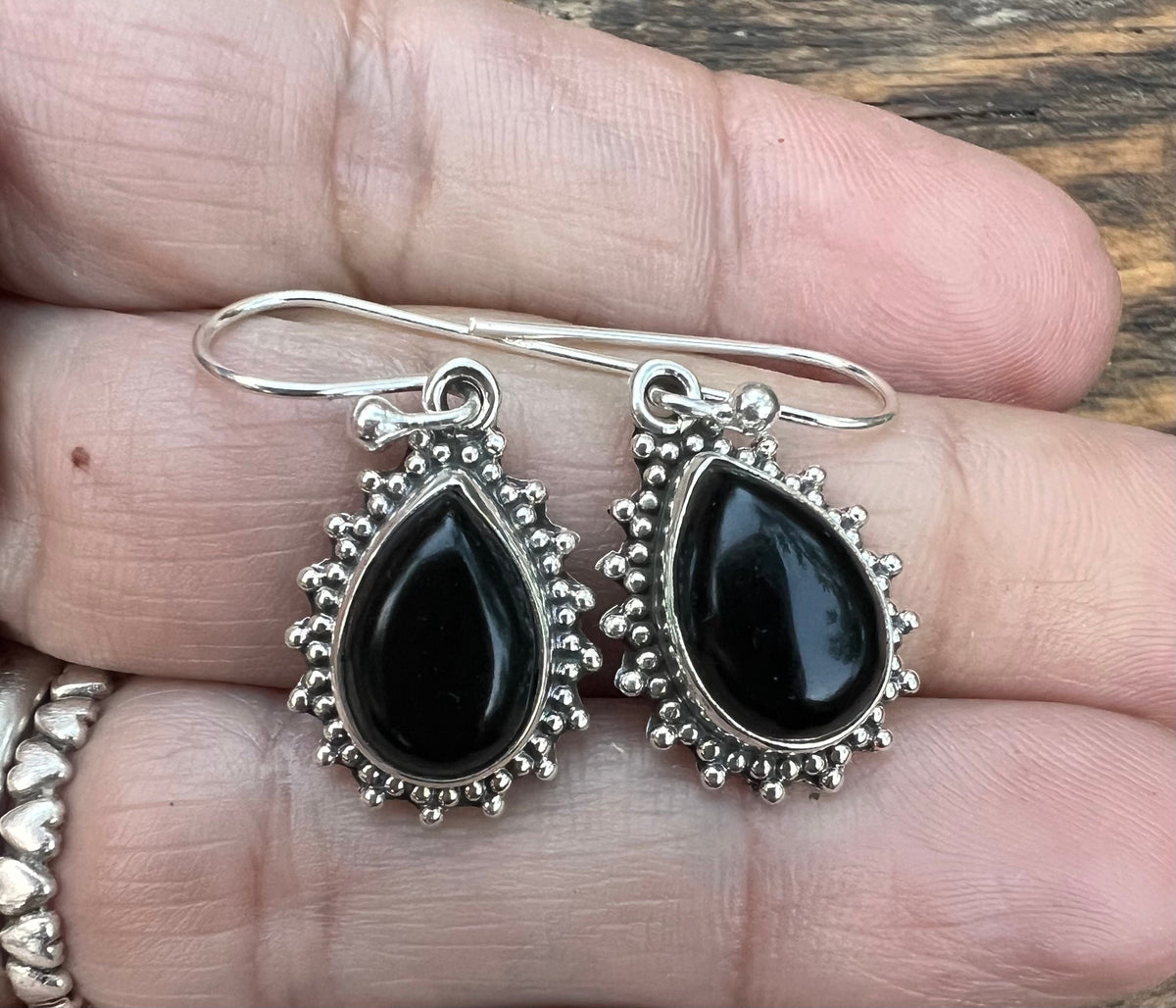 Black Onyx Silver Boho Teardrop Earrings by Springwaves