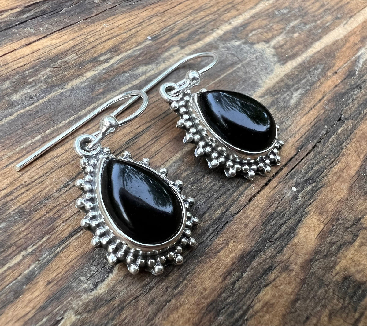 Black Onyx Silver Boho Teardrop Earrings by Springwaves